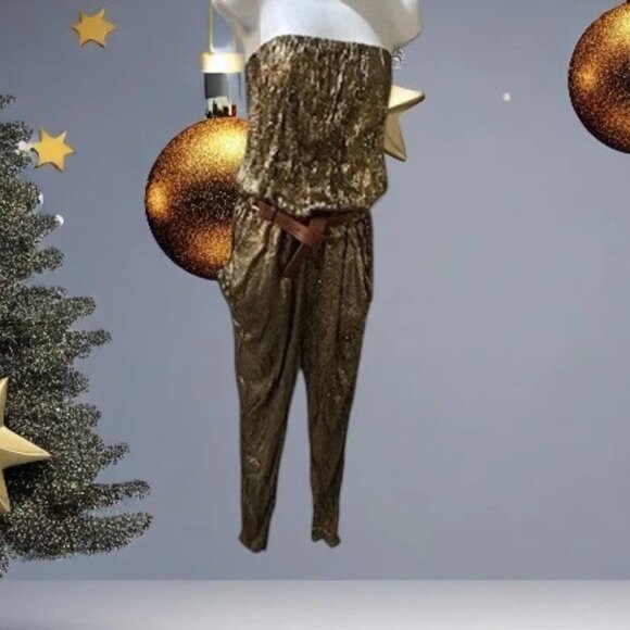 Michael Kors STUNNING Gold Sequin Strapless Jumpsuit w/Removable Belt M NWT $300 - Picture 7 of 16